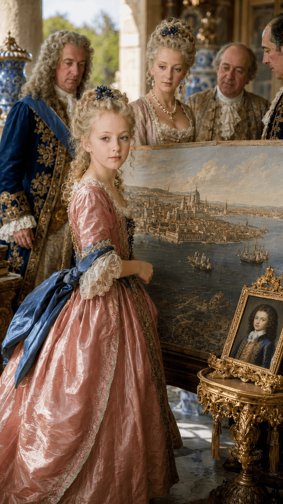 Mariana Victoria standing beside a painting of Lisbon in a scene from the Mariana Victoria video