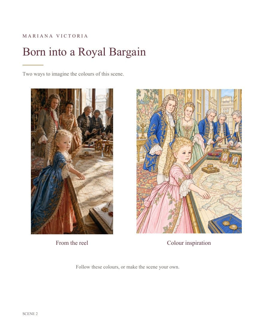 Actual book page with historical reference artwork and a coloured example for scene 2