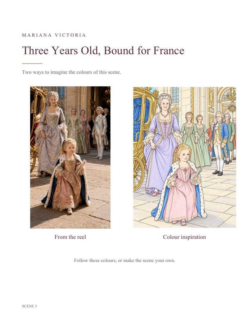 Actual book page with historical reference artwork and a coloured example for scene 3