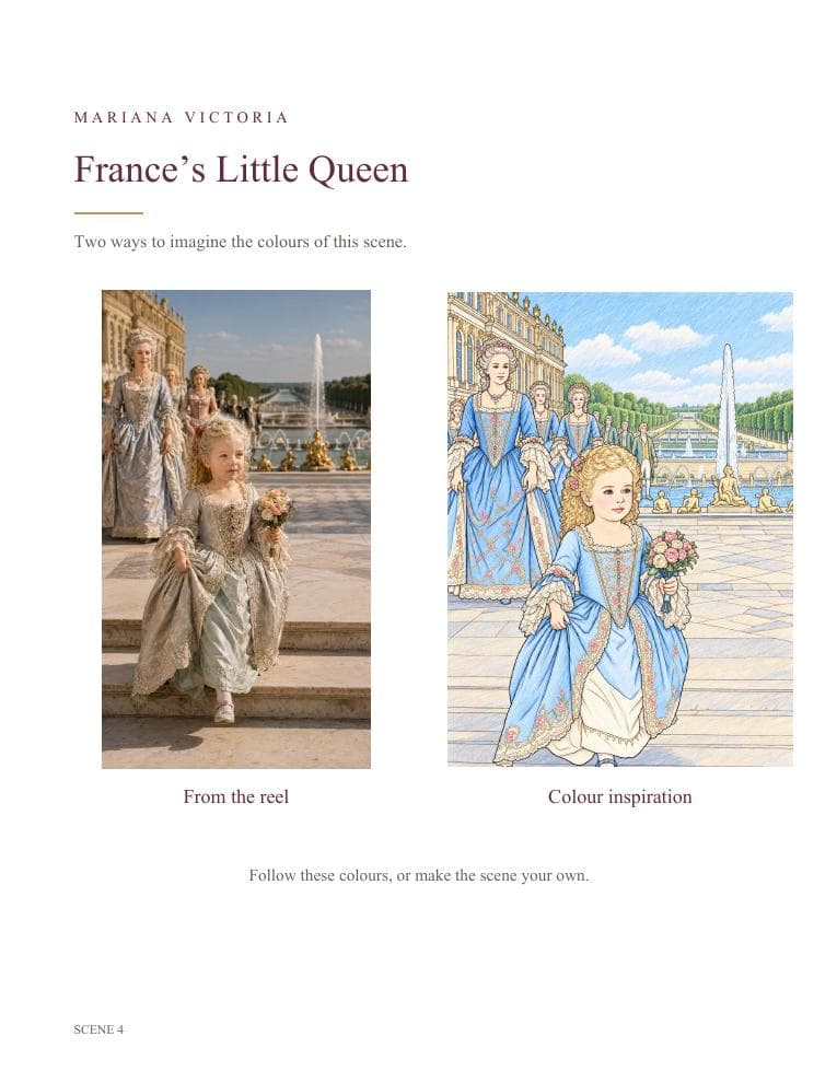 Actual book page with a still from the video and a coloured example for scene 4