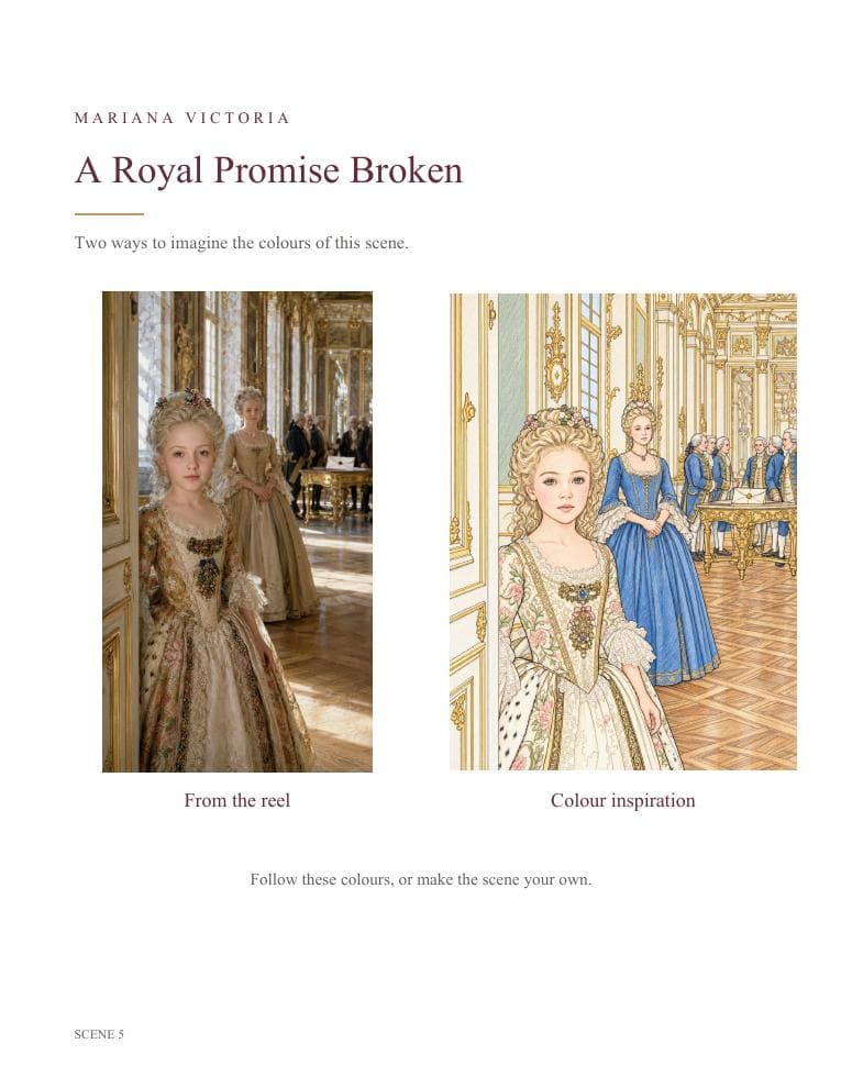 Actual book page with a still from the video and a coloured example for scene 5
