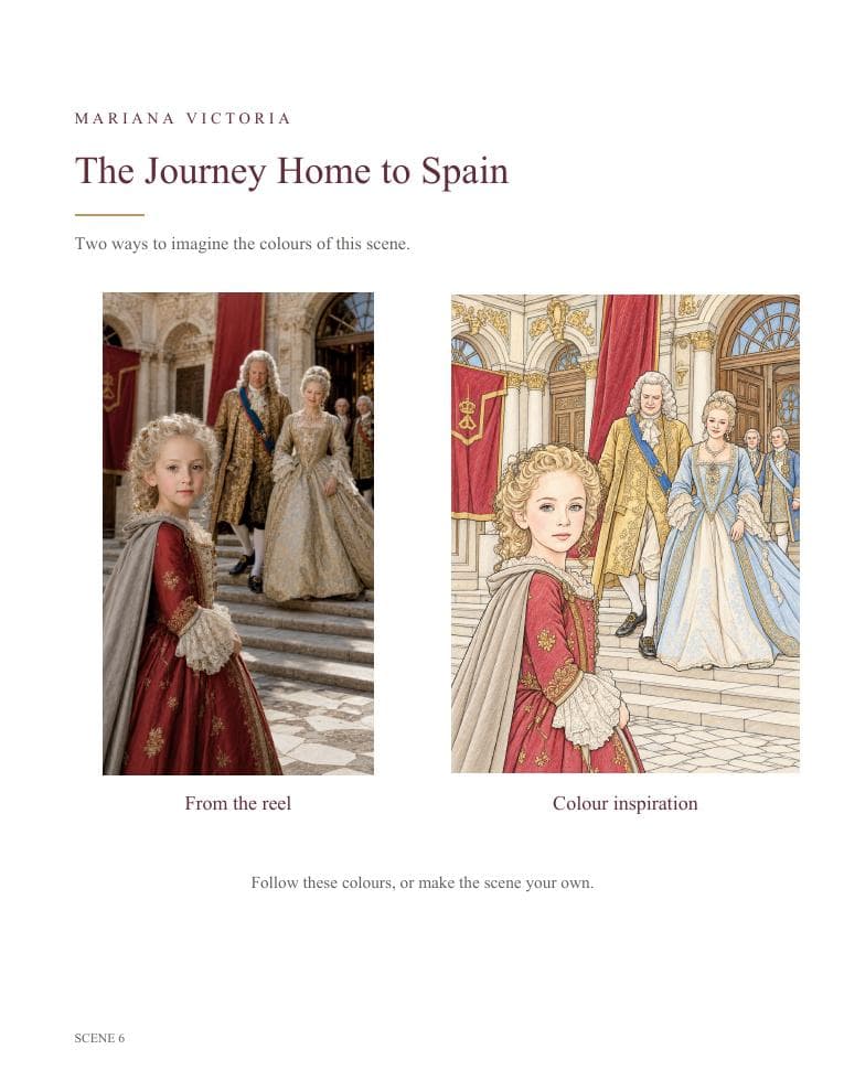Actual book page with a still from the video and a coloured example for scene 6